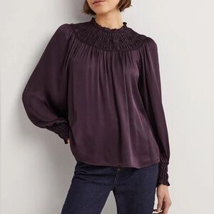 Boden plum purple smocked long sleeve satiny top size 16/18